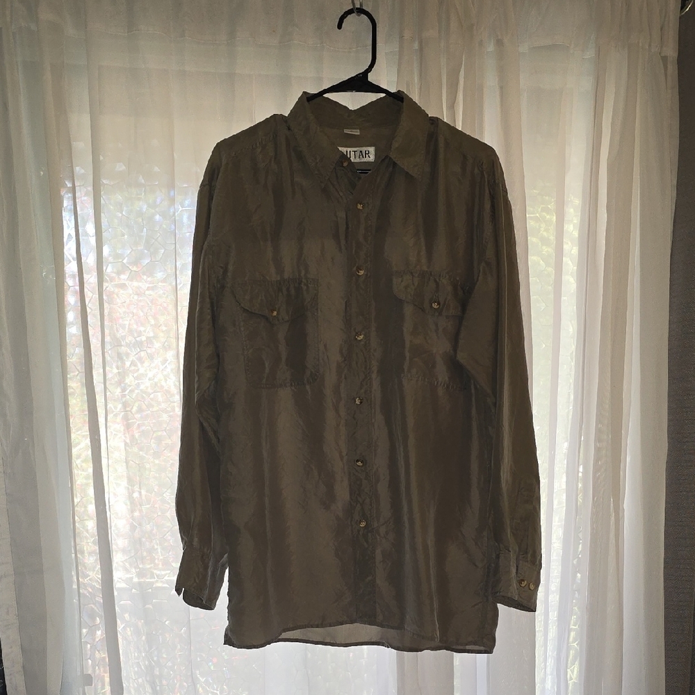Long-Sleeve Olive Utility Button-Up Blouse
